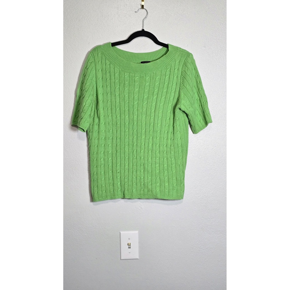 Talbots Petites Green Cable Knit Short Sleeve Cotton Sweater Size LP Fall Preppy